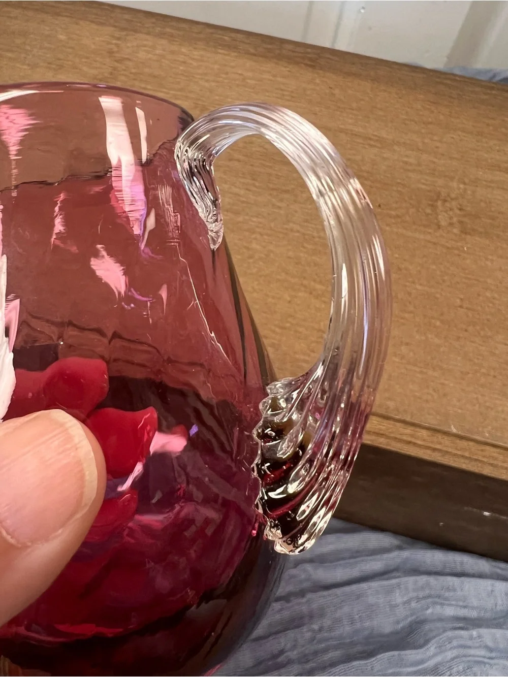 Handblown Cranberry Glass Creamer Pitcher with Clear Handle